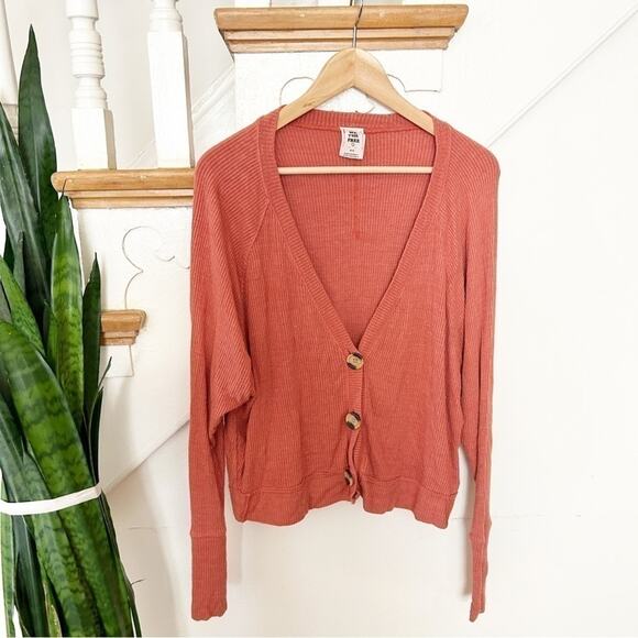 Free People We The Free Orange V-Neck Button-Down Cardigan Sweater Size Medium - Picture 1 of 6